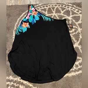 New Torrid Super Soft Stretchy Knit Black Floral One Shoulder Tunic Top Size 2